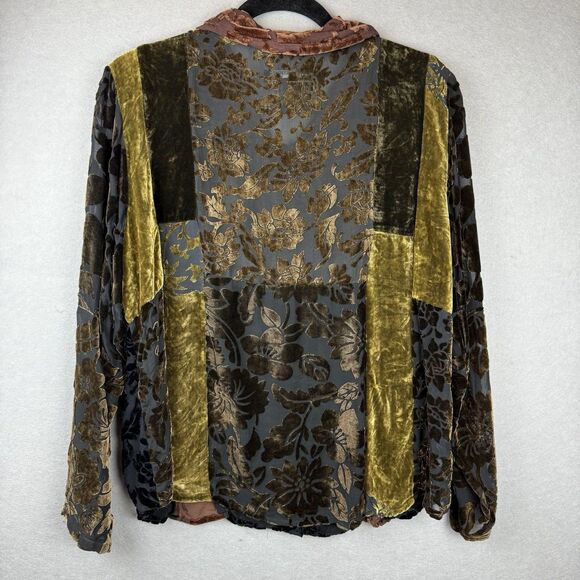 Citron Brown Multi Velvet Burnout Button Front Shirt Sz L Whimsygoth Art to Wear - Picture 5 of 5